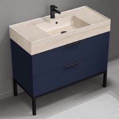 Modern Bathroom Vanity, Blue, 40 inch, Travertine Style Sink, Free Standing